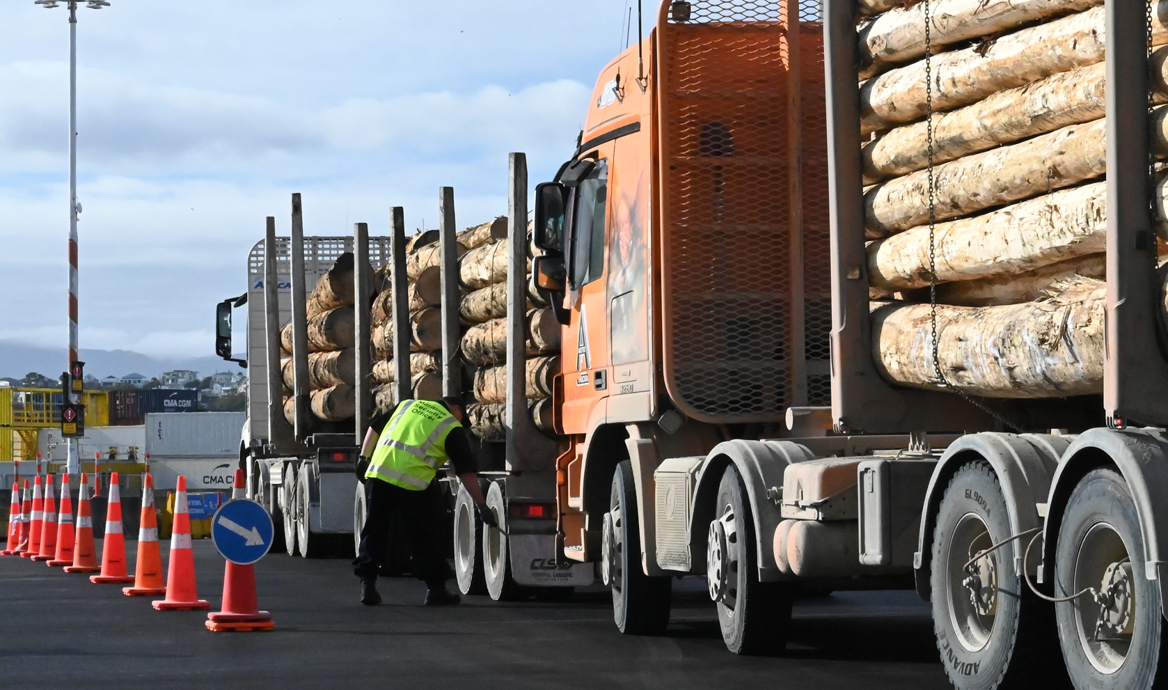 A security officer inspects a log truck