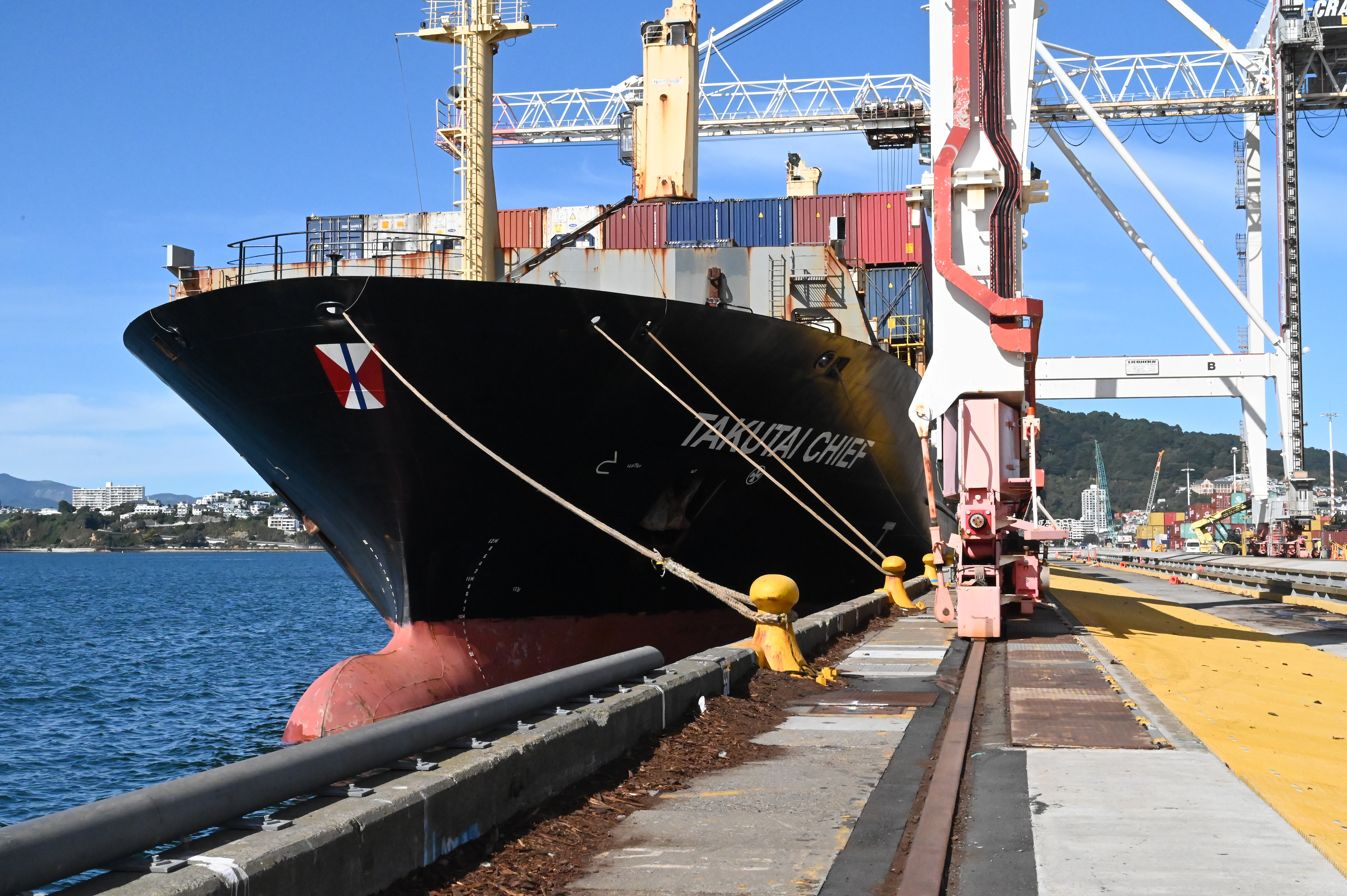 The Takutai chief sits at Thorndon Container Wharf in good weather